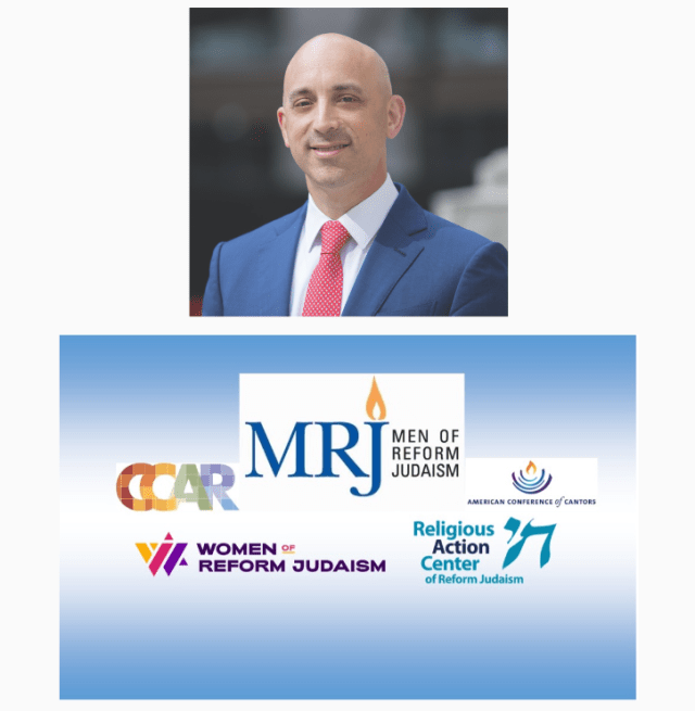 Jonathan Greenblatt of ADL photo with logos from MRJ, CCAR, ACC, WRJ, RAC