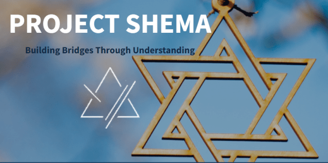TEXT: Project Shema: Building Bridges through Understanding. Graphics are 2 stylized 6-pointed Jewish stars. 