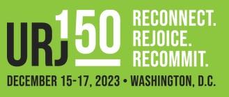 URJ 150 Logo: Reconnect, Rejoice, Recommit in white on a green background